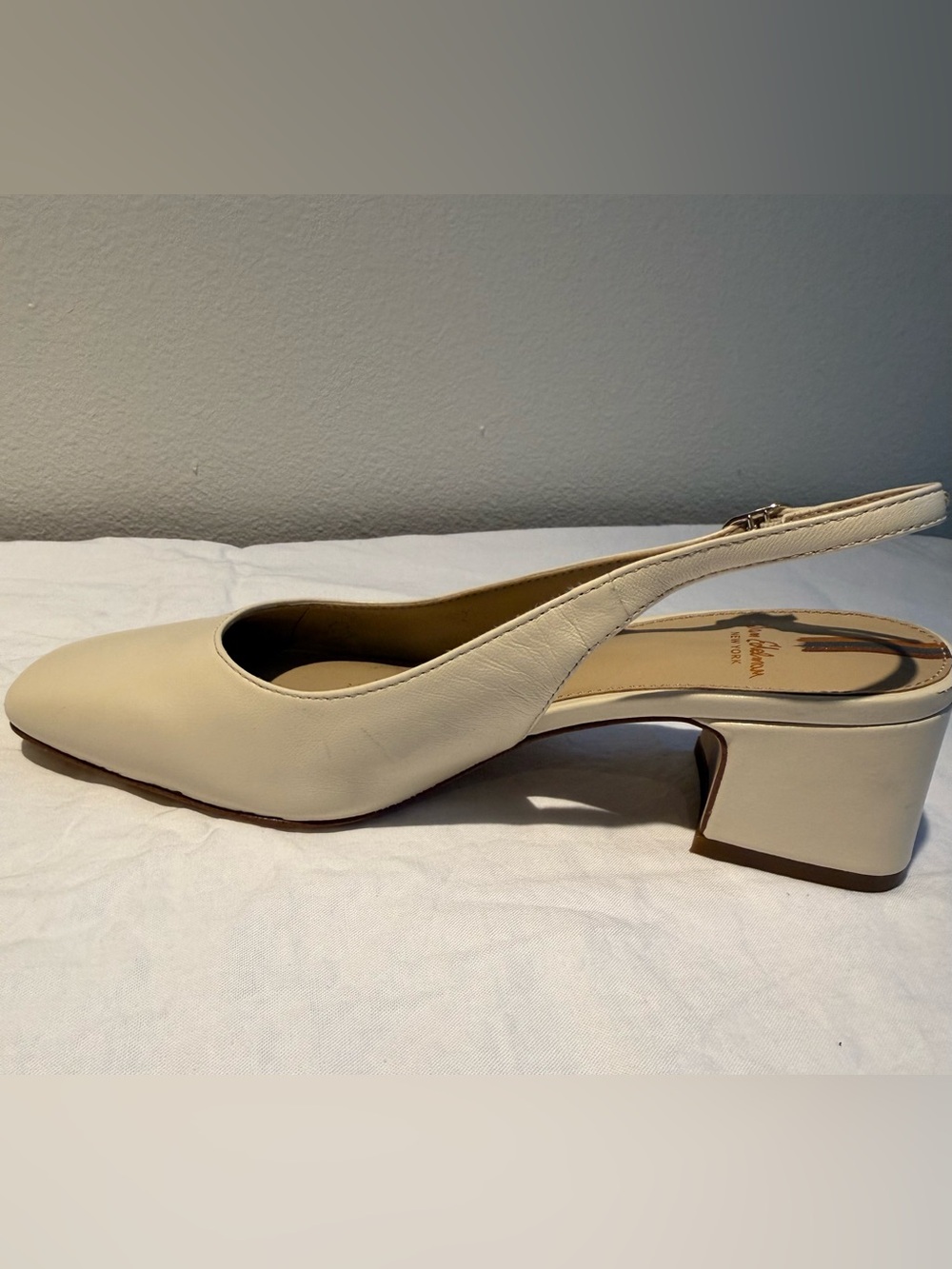 Sam Edelman Leather Cream Slingback Block Heels Sz 5.5 Ivory Square Toe Pumps - Picture 8 of 13